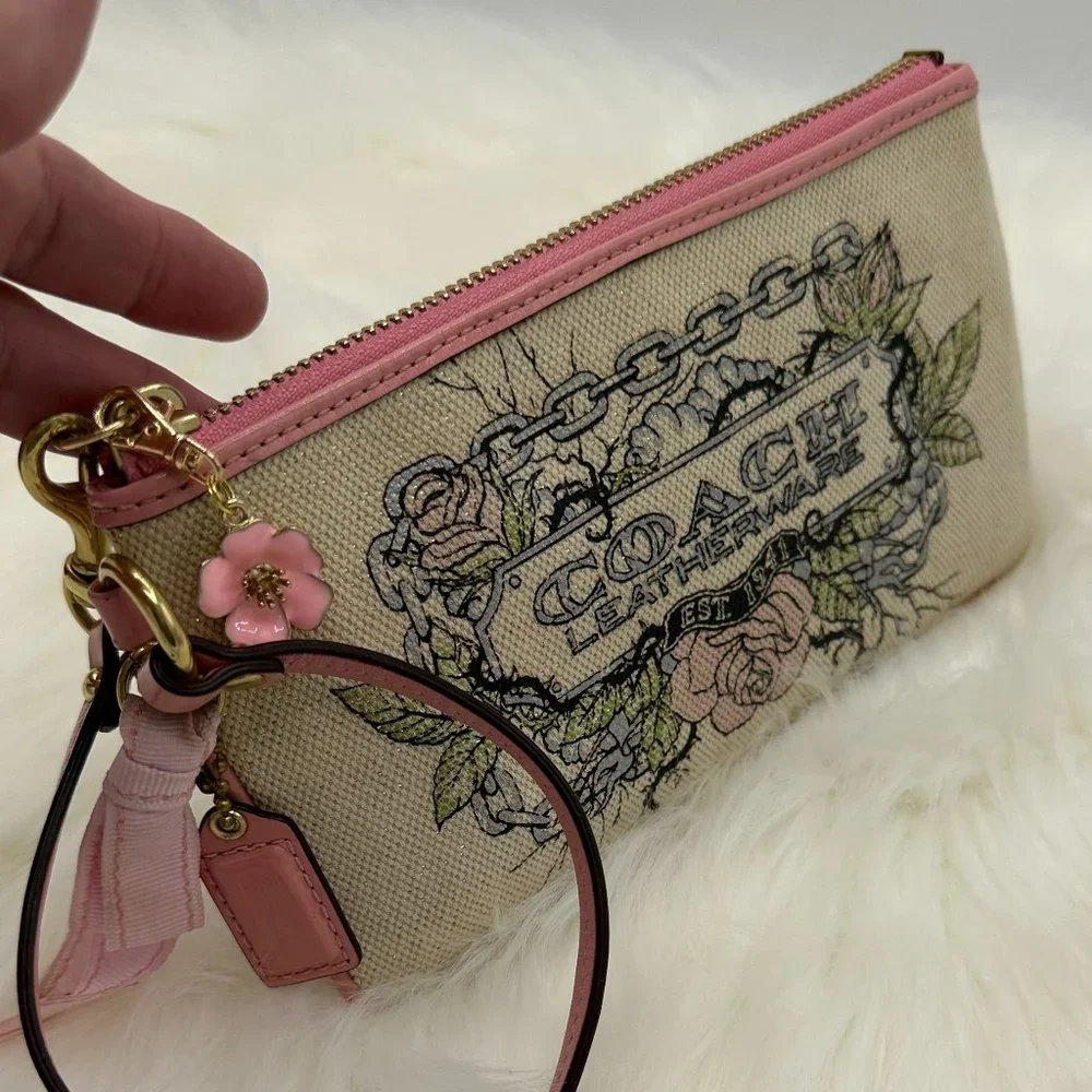Coach Limited Edition Tattoo Rose Pattern Wristlet with Hangtag and Flower Charm